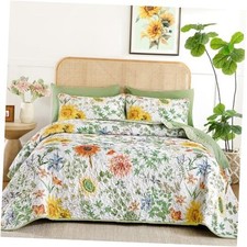 Floral King Quilt Bedding Set Sunflower Colorful King 106"x90" Sage Green