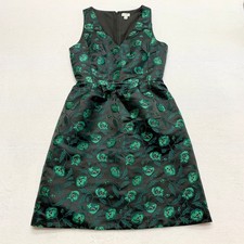 J.Crew Floral Jacquard V-Neck Fit&Flare Dress Women 6 Green Black Poppy Brocade