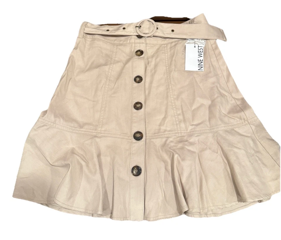 Nine West Women Skirt XS Khaki Button Front Belted Flare Teacher New With Tags - Image 2 of 4