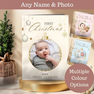 THE PREZZIE PLACE Personalised Baby’s First 1st Christmas Photo Card – Any Name – Luxury Keepsake
