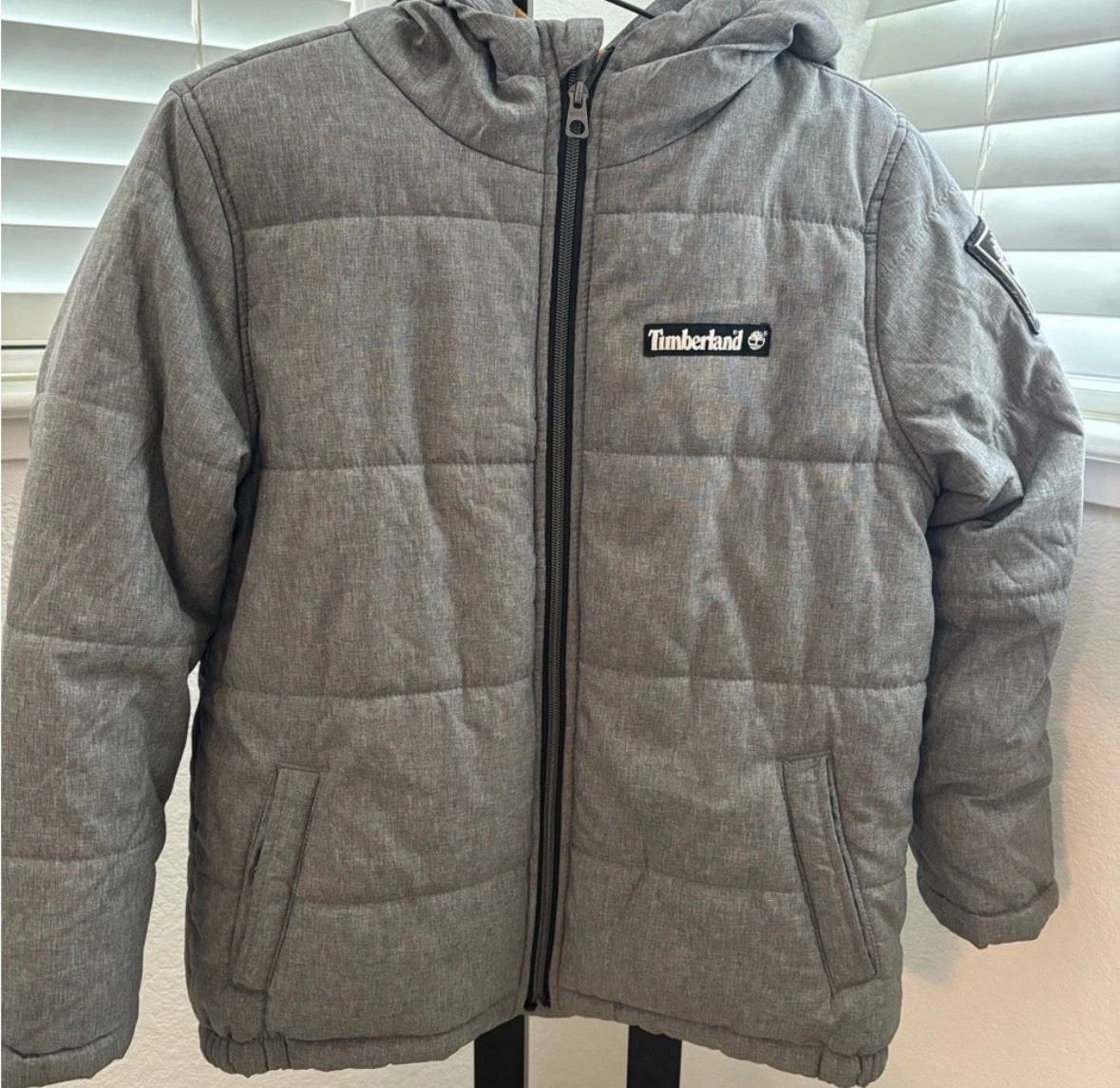 Timberland Kids Gray Puffer Jacket Size 10/12 Fleece Lined Hooded Winter Coat
