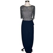 ADRIANNA PAPELL Gown Midnight Blue Beaded Ruffle Women's 6 NEW Formal Glam