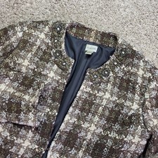 Chico's Tweed Embellished Blazer Jacket Women 2 Brown Gold Plaid Metallic Career