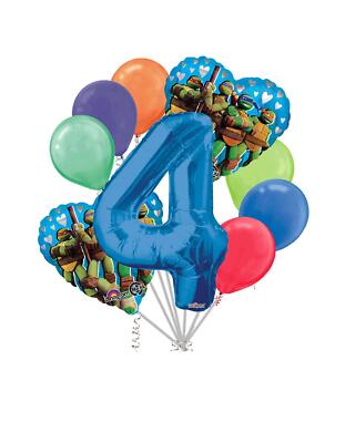 TMNT Party Balloon Bouquet With Green Number 4 - Teenage Mutant Ninja Turtles Decor
