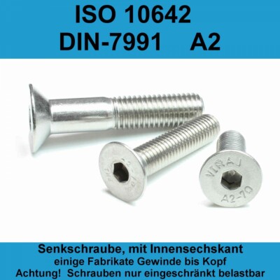 M10 Senkkopfschrauben Innensechskant Edelstahl A2 DIN 7991 / ISO 10642 VA M10x