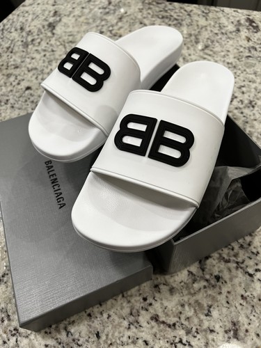 Mens Balenciaga BB Pool Slides Sandals White/Black 45 US 12 889300697925 |  eBay