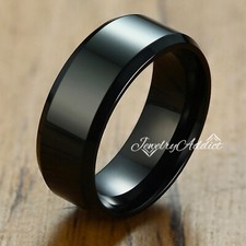 MENS PUNK BLACK 8MM ENGAGEMENT WEDDING ANNIVERSARY ROUND PLAIN BAND FASHION RING