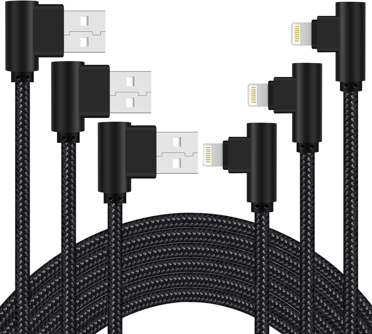 Iphone Charger 3Ft Mfi Certified 3 Pack 90 Degree Nylon Braided Lightning Cab...