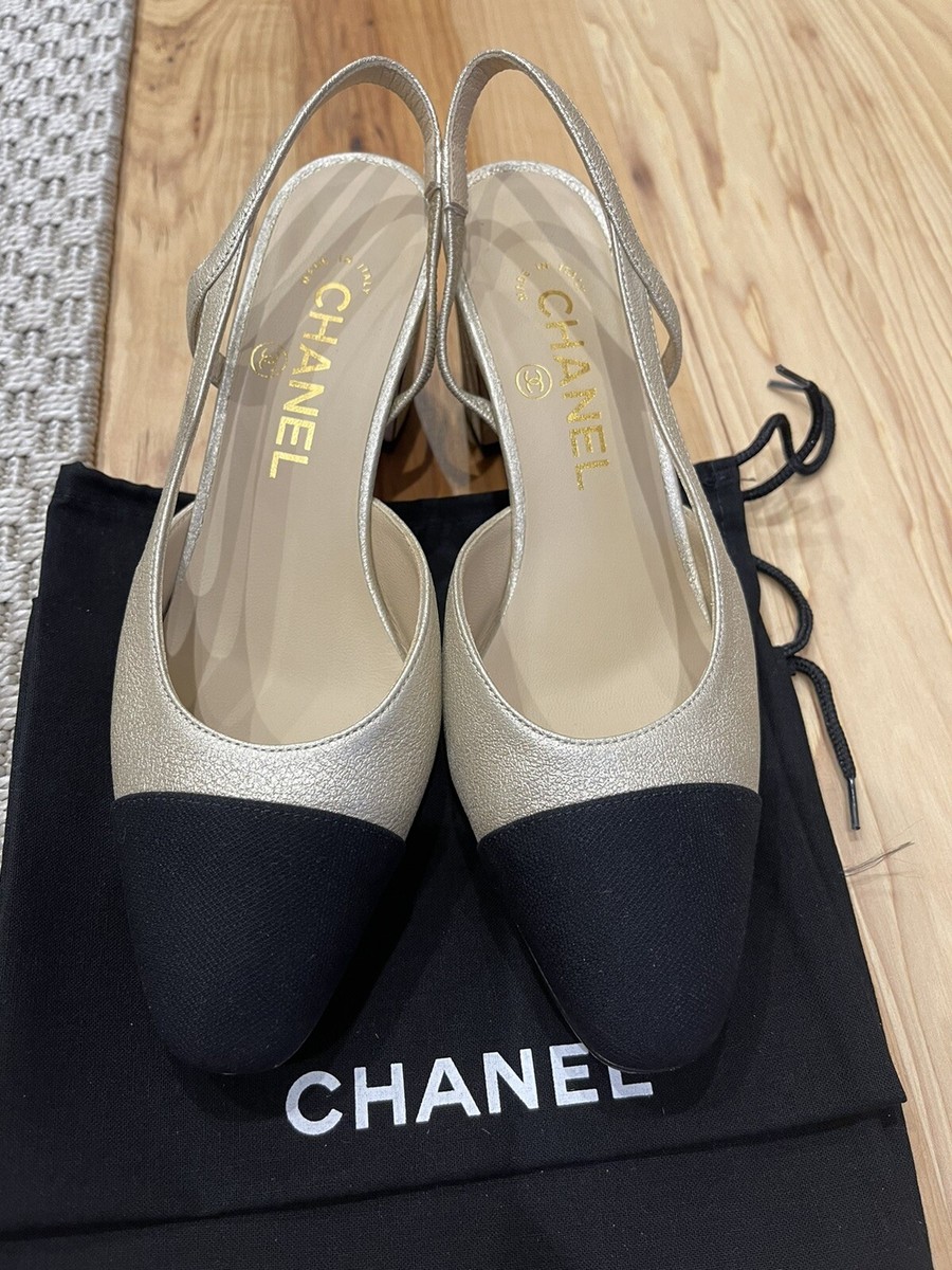 Chanel Slingback Heels Pumps 35.5 Cap Toe Metallic Lambskin Chanel Slingback Heels Pumps 35.5 Cap Toe Metallic Lambskin