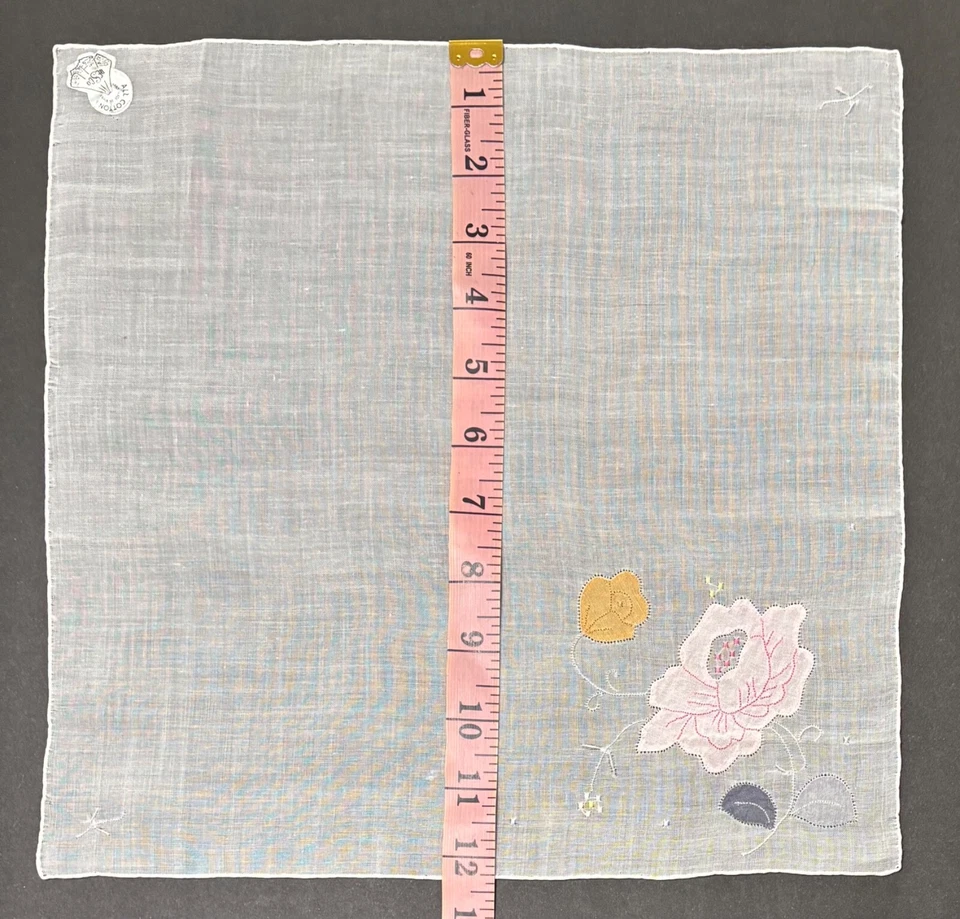 Pañuelo Desco Vintage Rosa Flor Aplique Pañuelo Bordes Enrollados Hecho a Mano Foto 4 de 4