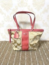 COACH Signature Beige Pink Patent Handle Tote Bag Zip Pocket Spring Casual