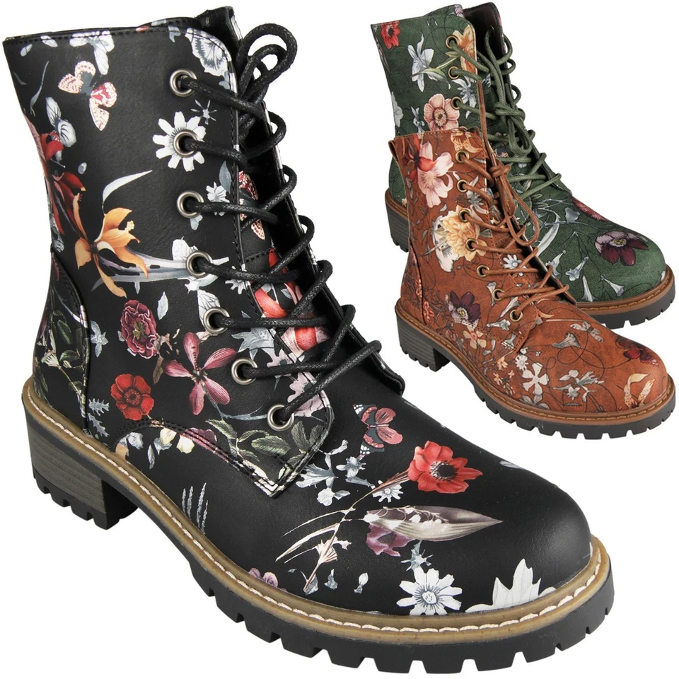 LOUD LOOK Floral Ankle Boots Shoes Ladies Winter Lace Up Zip Comfy Army Warm Lined Womens