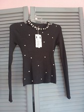 Pulli Pullover mit Strass Gr S/M Schwarz Silber