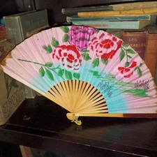 Lot Of 4 Vintage Hand Fans Cherry Blossom Pink Blue