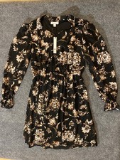Chelsea Taylor Dress Womens 6 Black Floral Long Sleeve V-Neck Elastic Waist