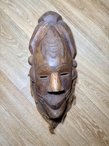 Antique African Wooden Mask Brown Hand-Carved Tribal Wall Decor Sculpture Art