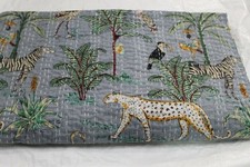 Indian Twin Size Jungle Print Kantha Quilt Cotton Bedspread Grey Blanket Throw