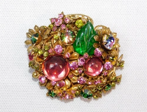 Vintage Miriam Haskell Gold-Tone Cabochon & Rhinestones Floral Brooch Pink Green