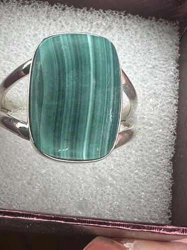 925 Sterling Silver Vintage Real Cabochon Malachite Ring Size 9.75