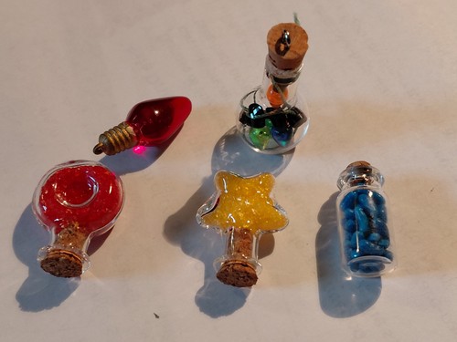 Miniature decor small colored bottles circular, star, etc 1" to 1.5" + Xmas bulb