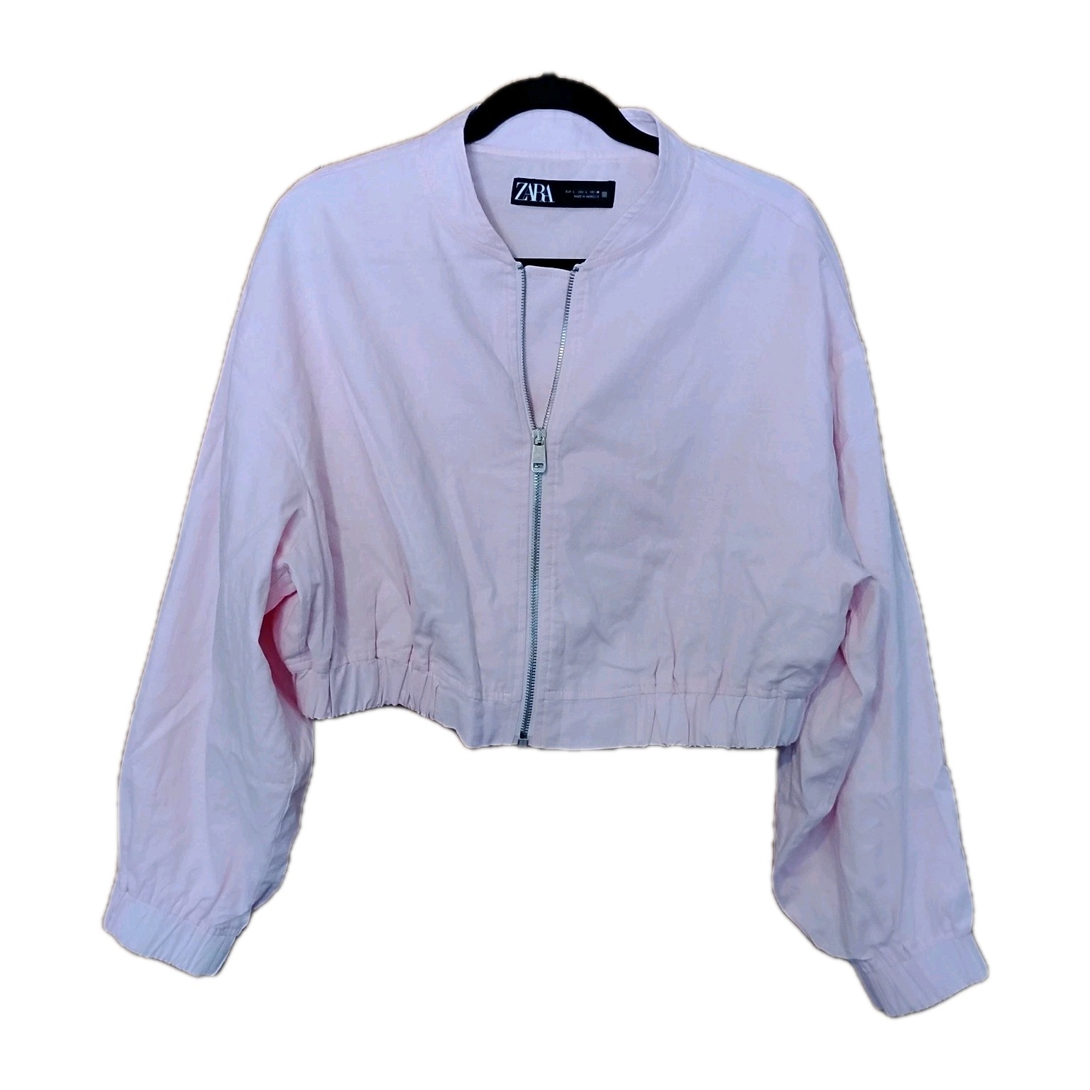 Zara Bomber Jacket Womens Large Pink Cropped Linen Coat Lined Oversized image 2