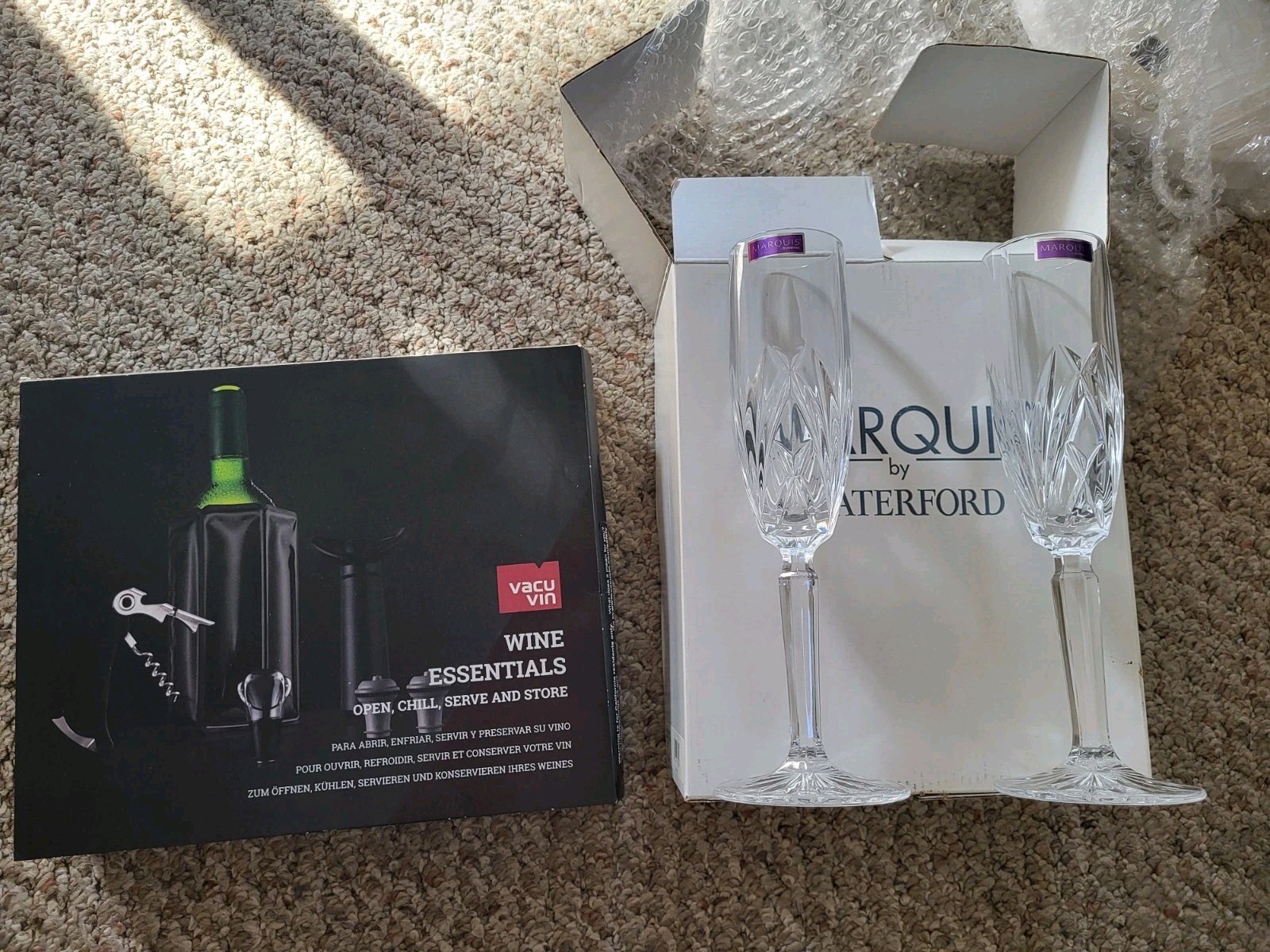 Lot Of 2 Vacuvin Wine Essentials Giftset Black & 2 Marquis Champaigne Flutes