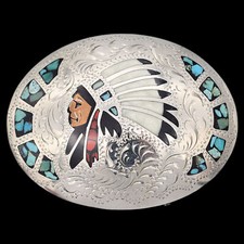 Feather Headdress Native American Stone Abalone Vintage Belt Buckle