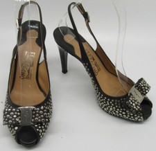 SALVATORE FERRAGAMO black leather louvre scilla studded slingback heels sz 7.5