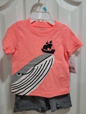 Carter's Infant Boy 2 Pc Set Orange Gray Whale Shark Boats NB,6, 2,18 month & 3T