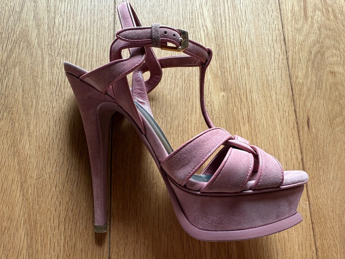 The iconic YSL Tribute 135 platform heel, in rare pink suede! Worn