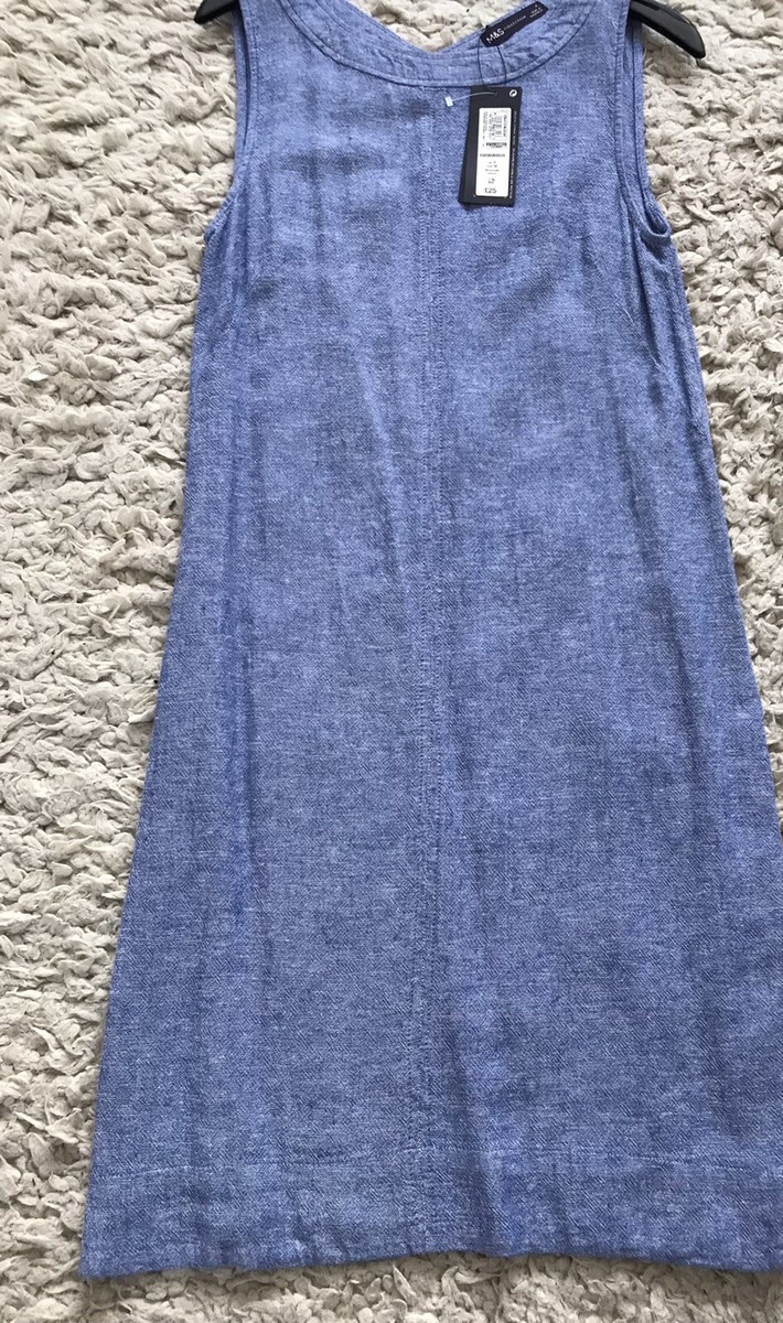 M&S Linen Blend Chambray Blue Shift Dress Size BNWT UK