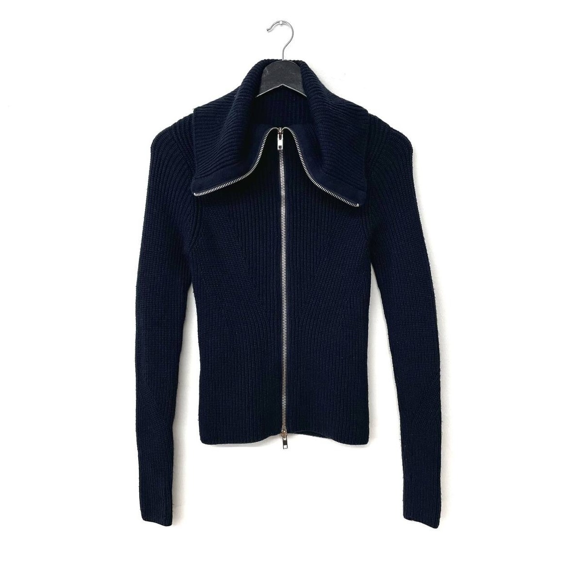 Sandro Paris Ribbed High Neck Zip Up Wool Knit Cardigan Sweater