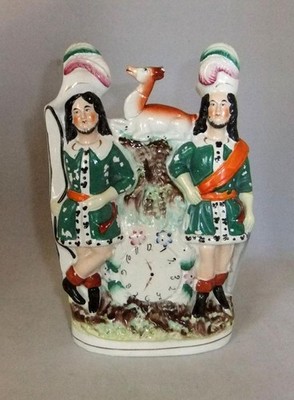 C.19th Staffordshire Flatback: Foresters, Deer & Clock Face: A/F