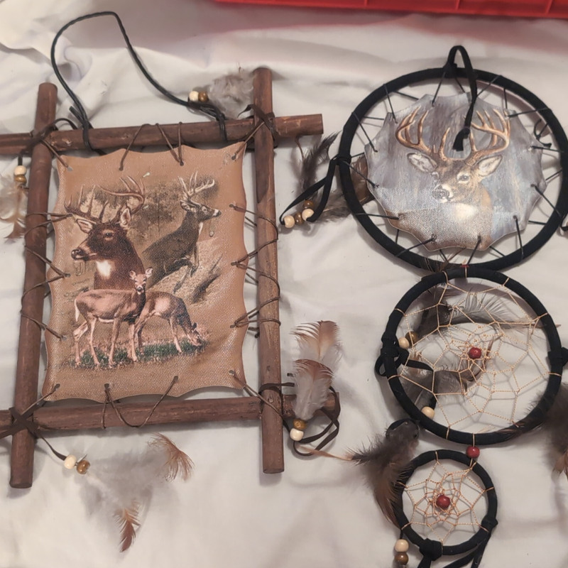 Native American Dream Catcher Wall Hanging Set w/ Feathers Beads Rustic Deer
