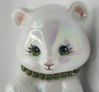 Fenton Art Glass White Iridescent Bear Figurine Green Rhinestones Vintage