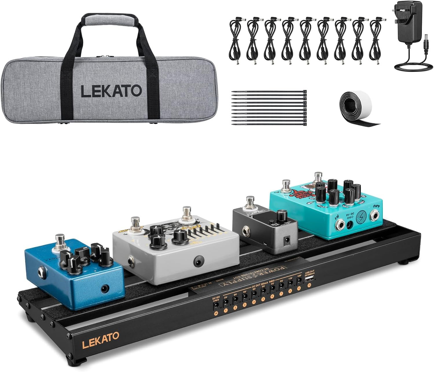 LEKATO Pedal Board, Pedalboard with Built-In Pedal Power Supply, 19.1 * 5.1 * 1.
