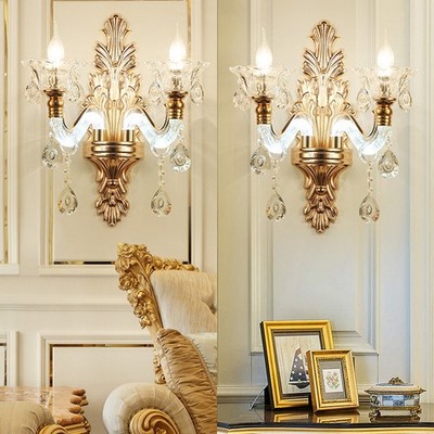 Vintage Crystal Wall Light 2 Heads Wall Mount Sconce Brass Wall Lamp for Aisle