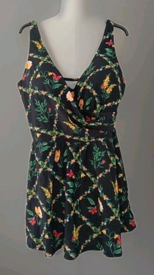 Ulla Popken Badeanzug Badekleid Gr.52-XXL Cup D-E schwarz geblümt NEU m.Etikett