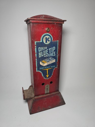 Vintage Antique Ohio Blue Tip Match 1c Vending Machine Penny Slide - WORKS