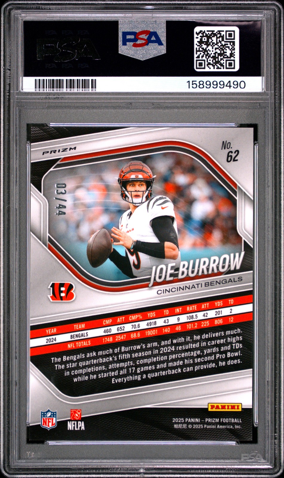 2025 PANINI PRIZM RED & YELLOW PRIZM #62 JOE BURROW 03/44 PSA 10 view 2