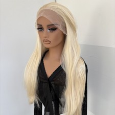 Long Straight Natural Heat Resistant Hair Bleach blonde T Lace Front Wigs