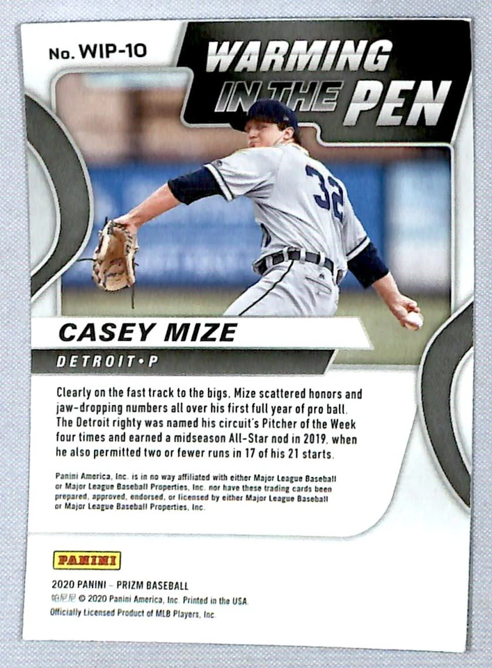 Casey Mize 2020 Panini Prizm Warming in the Pen #WIP-10 Detroit Tigers - Image 2 of 2