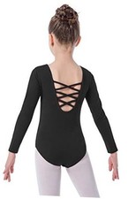 Girls Long Sleeve Ballet Leotards Crisscross Straps Back Dance 6-8 Years Black