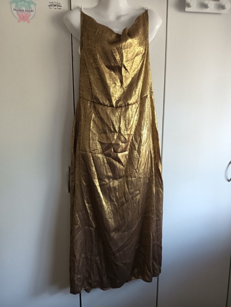 Women’s Gold Metallic Cowl Neck Slip Dress L/XL Beaded Strap Midi