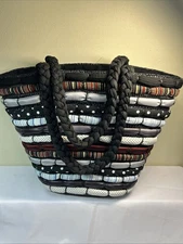 Laurel Burch Sun 'N' Sand Black Multi Color Woven Tote Beach bag Braided Handle
