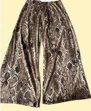 Women's Soft  flowy Snake Print Wide-Leg Pants Tie Closure Brown/Black/Beige M
