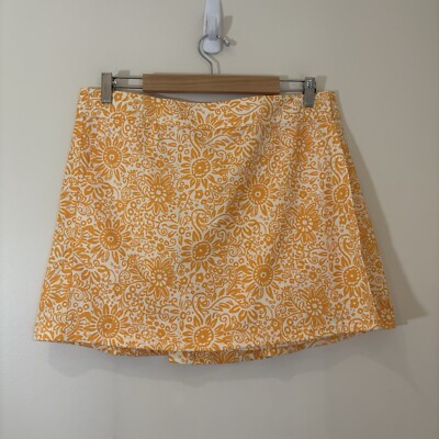 Ripskirt Womens Mini Skirt Large Yellow Tropical Print Pockets Stretch Golf
