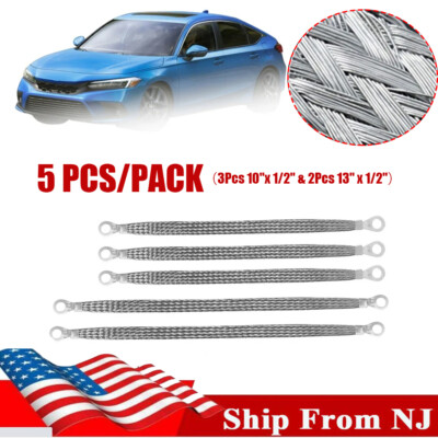 5X Universal Flat Braided Copper Ground Strap Grounding Cable with Terminals 