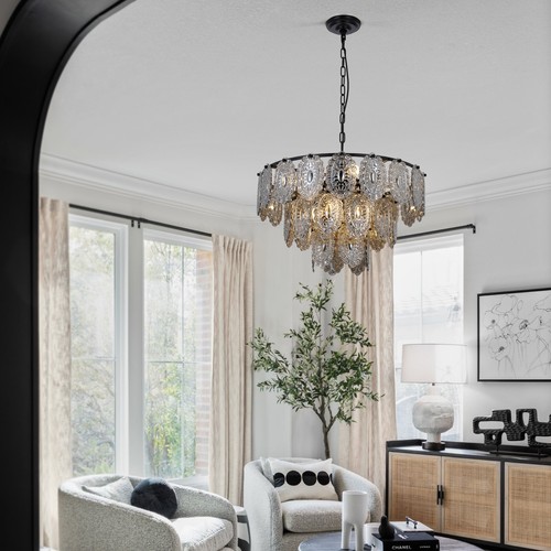 8-Lights Retro Crystal Chandelier 3-Layers Smoke Gray Glass Pendant Ceiling Lamp - Picture 3 of 12