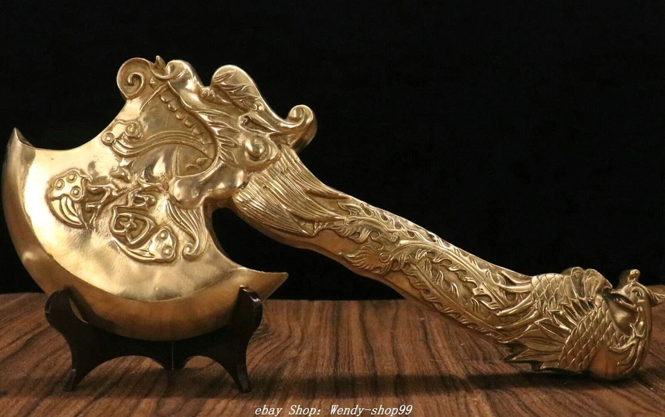 18" Antigua Dinastía Cobre Dorado Feng Shui Dragón Fénix Bestia Hacha Hacha Arma Estatua Foto 2 de 4